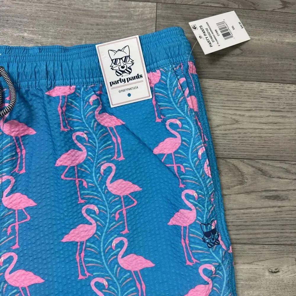 Party Pants Swim Trunks Shorts Blue Pink Flamingo Print sz XXL